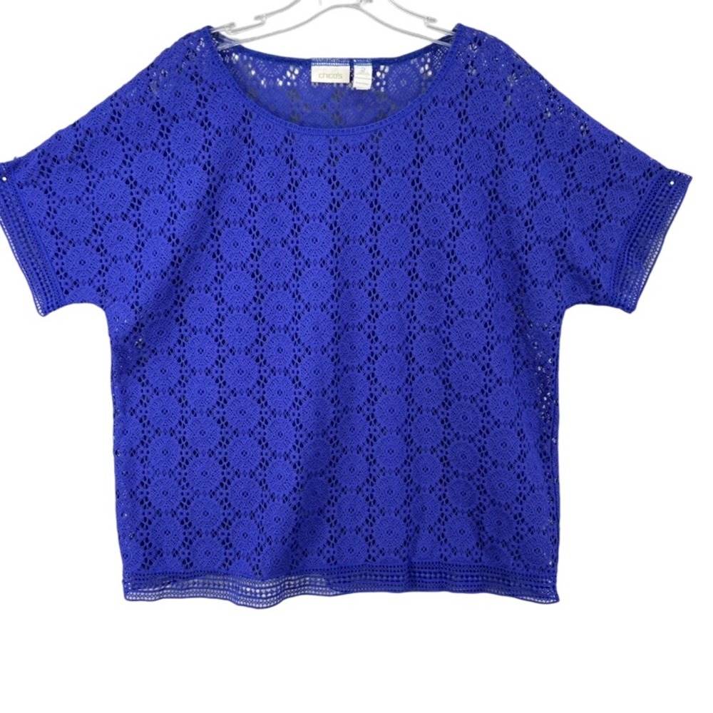 Chicos Shirt Sz 2 L Blue Crochet‎ Lace Short Sleeve Top See Thru